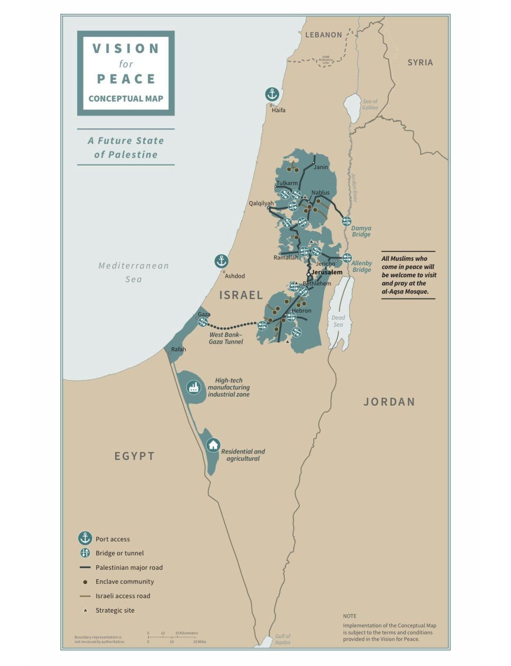 Este es el mapa oficial del plan. Las zonas en verde serían el futuro Estado palestino. Como se ve, hay conexión por distintas vías, con la Franja de Gaza, a la que se agregarían dos áreas que hoy son parte de Israel en el Negev.