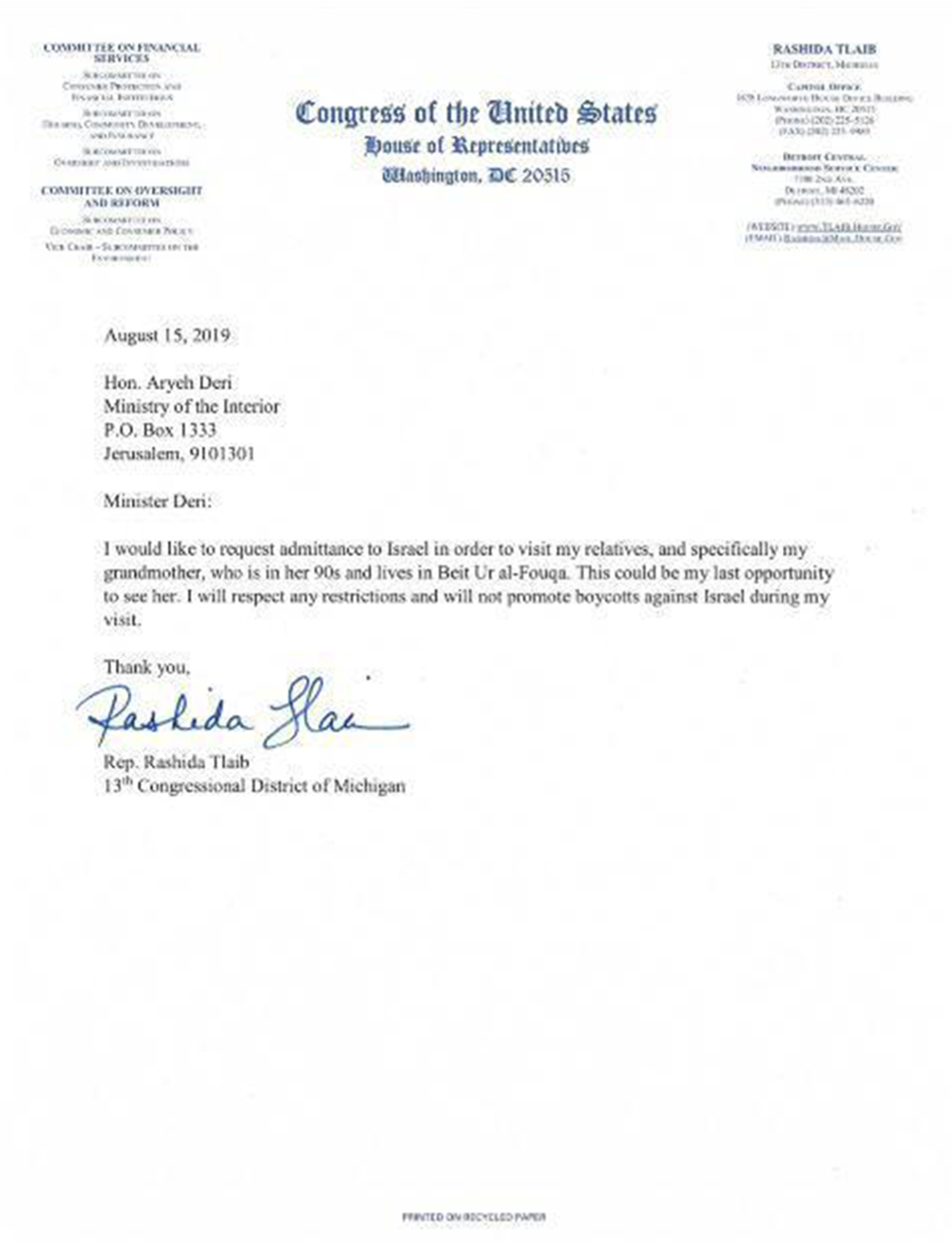 La carta enviada por Rashida Tlaib al Ministro del Interior de Israel