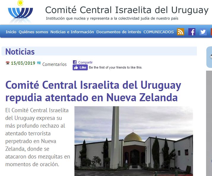 condena del Comité Central Israelita del uruguay en su página web, a los atentados en Nueva Zelandia