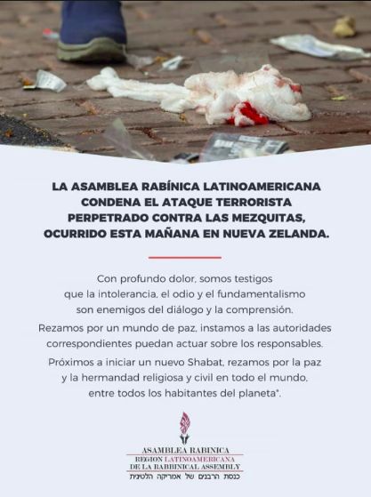 comunicado Asamblea Rabínica Latinoamericana contra atentados Nueva Zelandia, en su página de Facebook