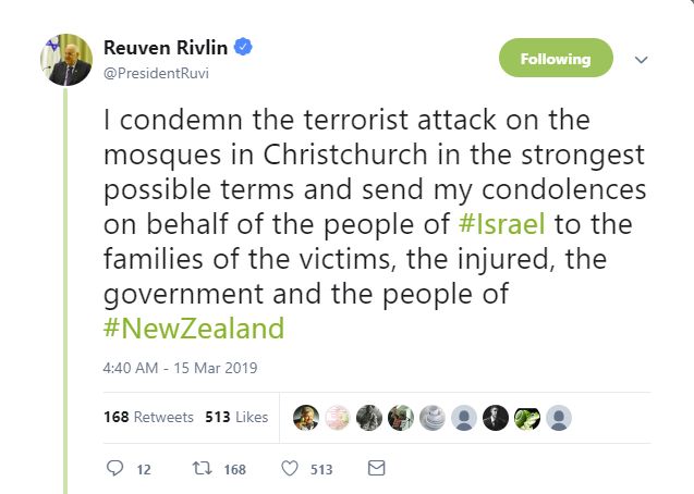 Tuit del presidente de Israel Reuven Rivlin condenando atentados a las mezquitas en Nueva Zelandia