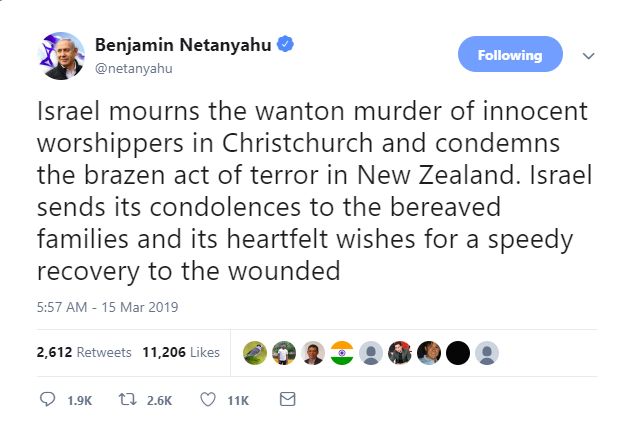 Tuit del PM de Israel Netanyahu condenando atentados a mezquitas en Nueva Zelandia