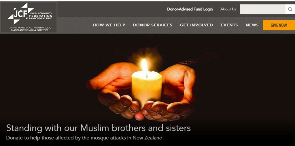 Portada de la página web de la comunidad judía de San Francisco, en solidaridad con los musulmanes víctimas del atentado en Nueva Zelandia