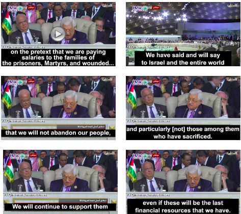 Abbas en el discurso captado por la tv palestina. Sub textos traducidos por PMW