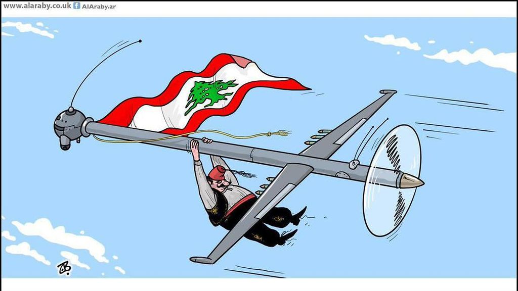 Líbano y su gente en riesgo, ejemplificados en la figura de un civil y la bandera de su país, volando no muy feliz en un dispositivo no tripulado