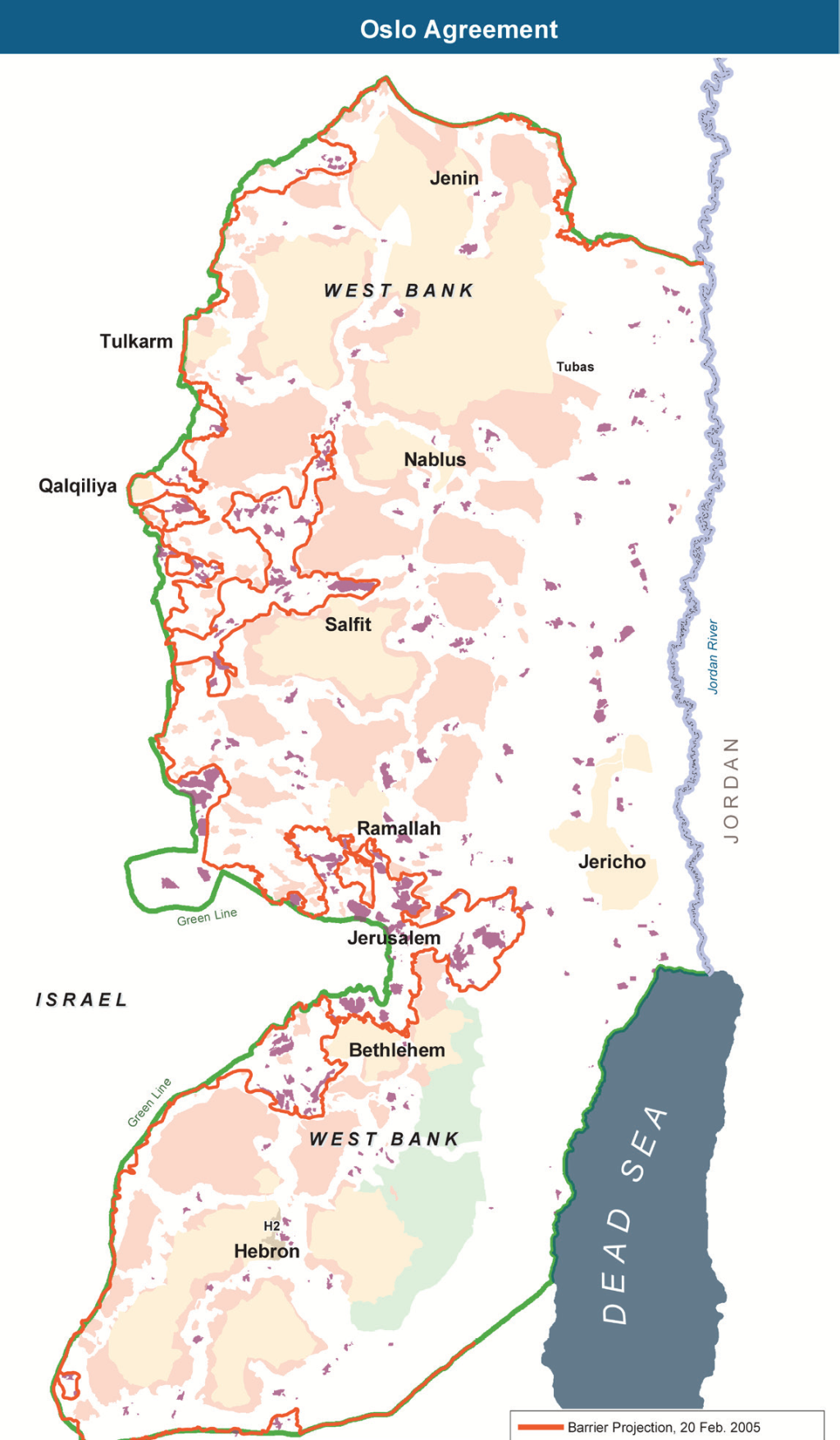 El mapa de Cisjordania con sus subdivisiones en 3 territorios