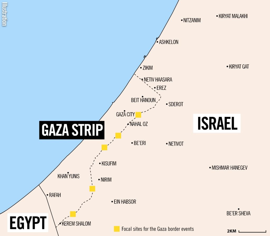 Mapa de los dos lados de la frontera entre Israel y Gaza Mapa con demarcación de poblados en Gaza y los vecinos poblados del lado israelí