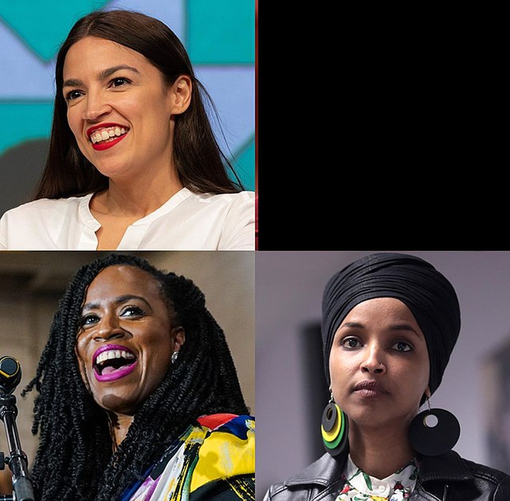 Arriba: Alexandra Ocasio-Cortez. Abajo, de izquierda a derecha: Ayanna Pressley e Ilha Omar. Falta Rashida Thalib. Parte del