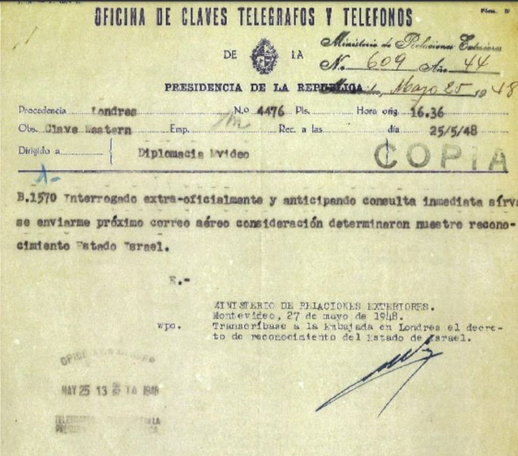 El telegrama de la embajada uruguaya en el Reino Unido, pidiendo explicaciones acerca de cómo notificar a Israel que se le daba reconocimiento