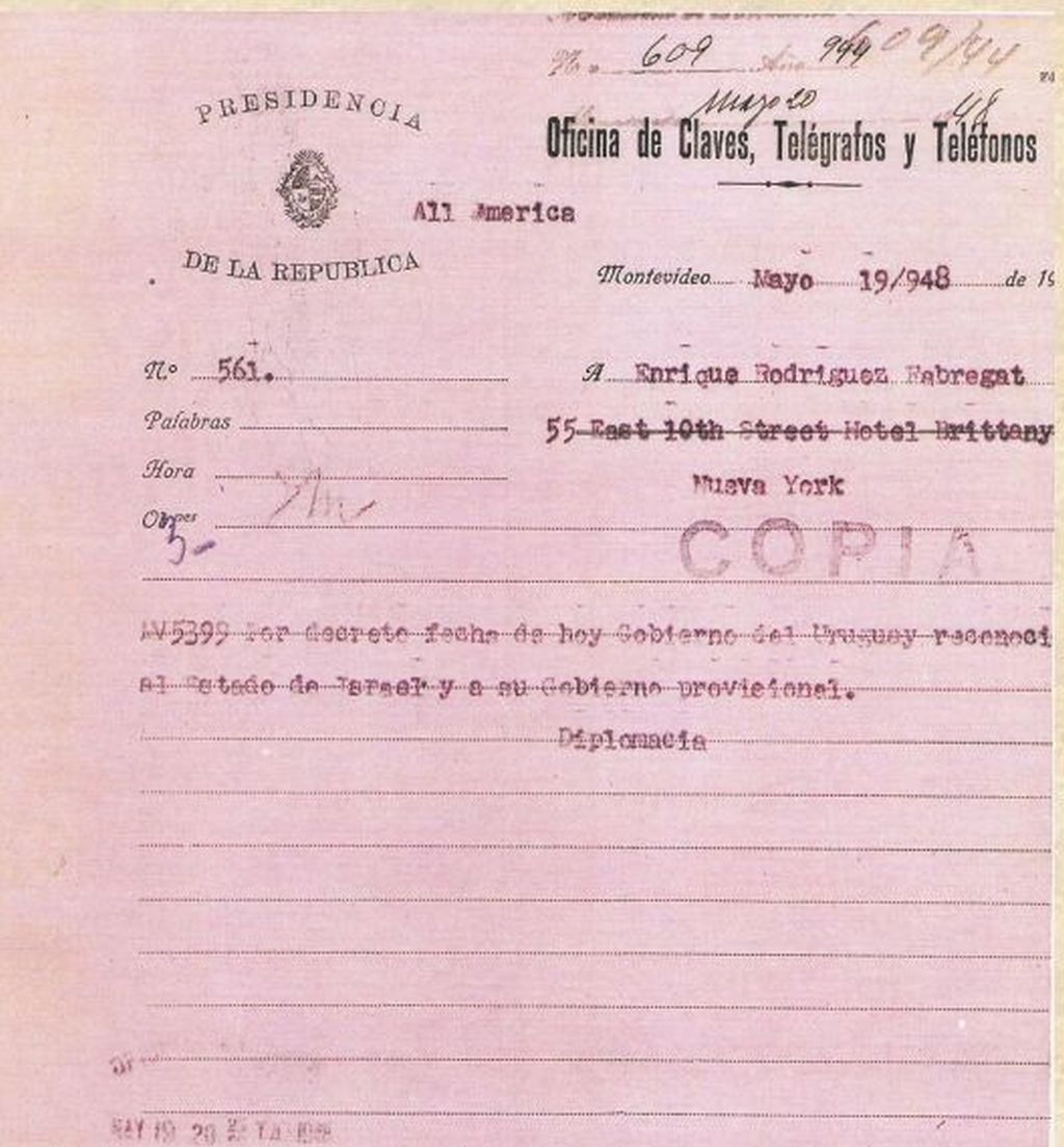 Telegrama enviado al Embajador de Israel en la ONU Dr Enrique Rodríguez Fabregat, notificándole que Uruguay había reconocido al Estado de Israel