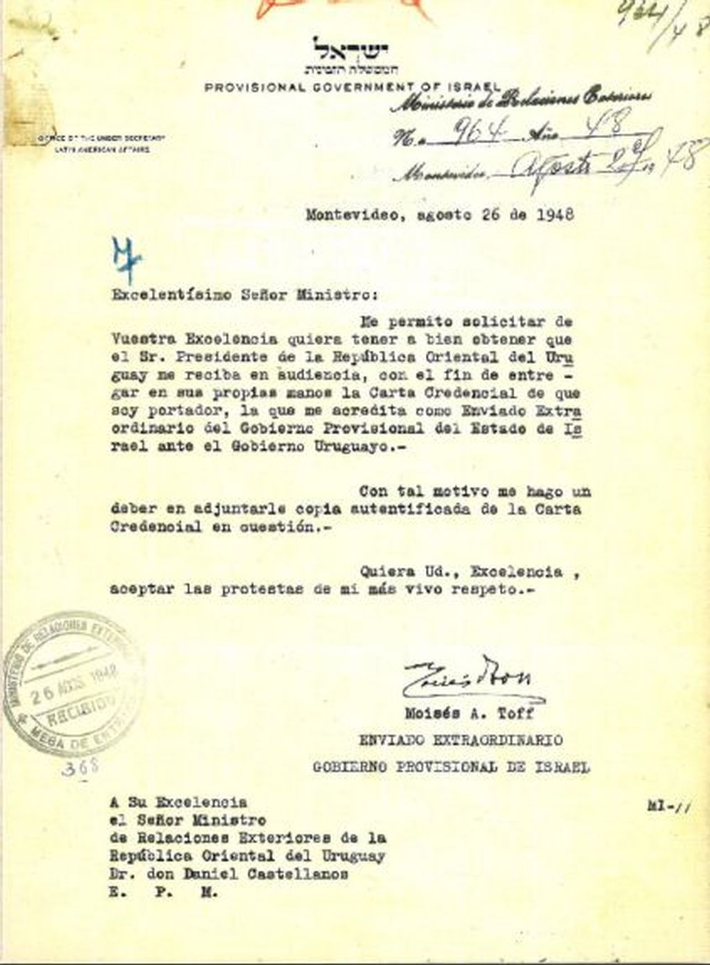 Copia de las cartas credenciales de Moshe Toff como representante en Uruguay