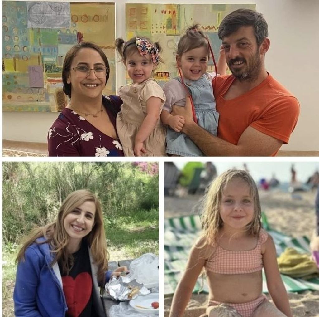 Arriba David Cunio y su esposa Sharon con las mellizas Emma y Yuli, y abajo, Daniel Aloni y su hija Emilia