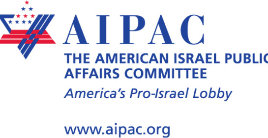 Un cartel con el logo del lobby pro israelí en EStados Unidos AIPAC, compuesto por una combinación de la Estrella de David y simbología de la bandera norteamericana.