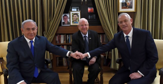 Netanyahu, Rivlin y Gantz en Beit HaNasí (Foto Haim Zach, GPO)