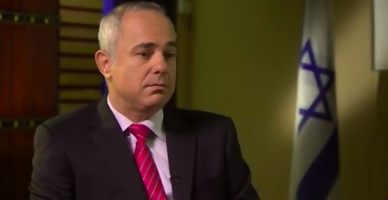ministro Steinitz, de traje, corbata roja, serio, al lado, bandera de Israel