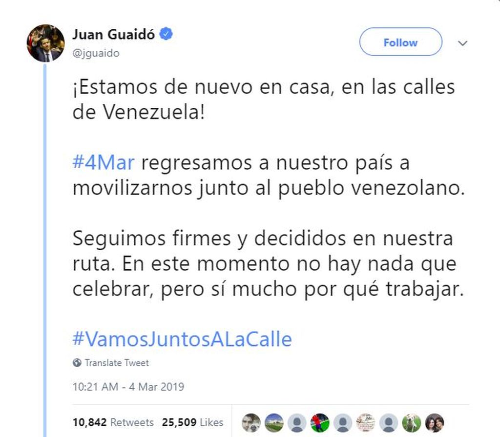 Un tuit de Juan Guaidó