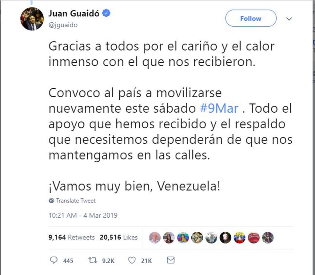 Tuit de Guaidó convocando a nueva concentración